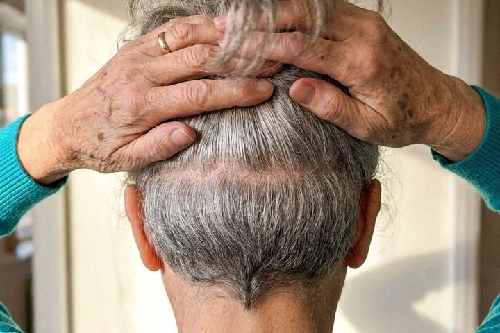 Hair lifted at the back, thick at the nape and finer on top
