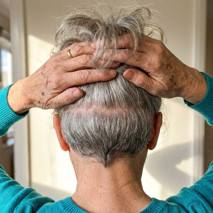 Hair lifted to show thick hair at the nape and thin hair on top