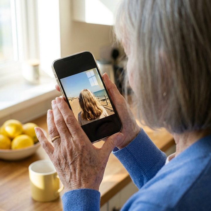 Looking at an old holiday photo on a phone