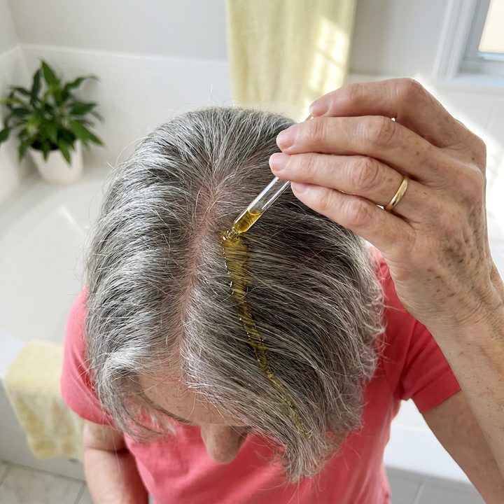 A dropper of serum landing on the hair, not the scalp