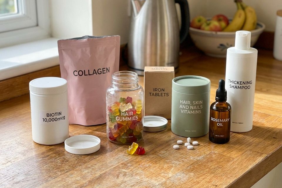 Hair-care products and supplements on a kitchen worktop
