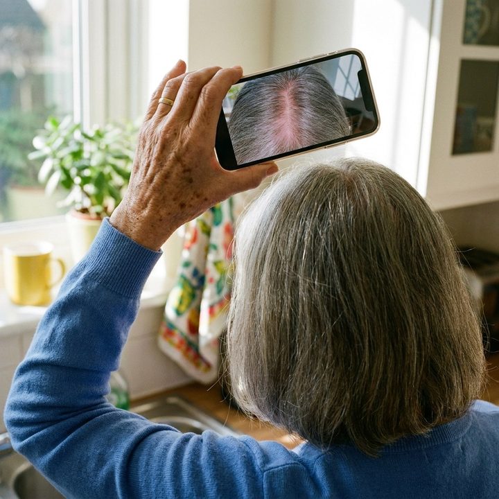 A woman photographing her own parting with her phone