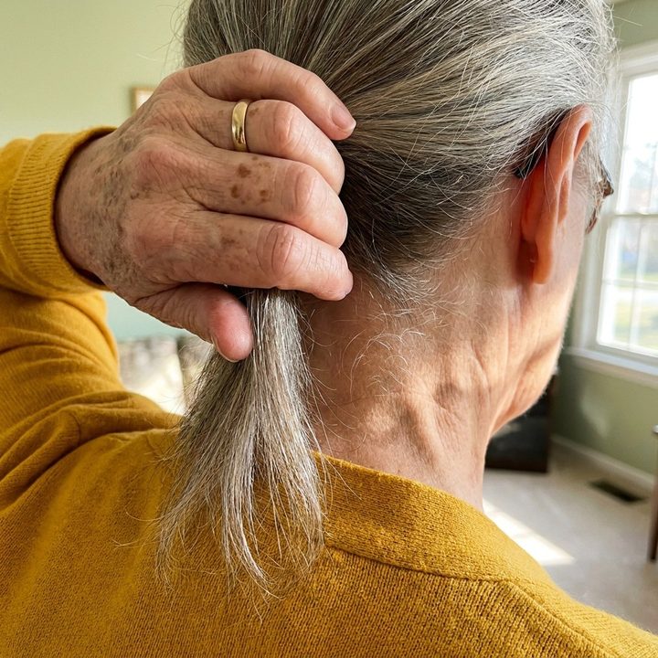 A thin grey ponytail held in one hand