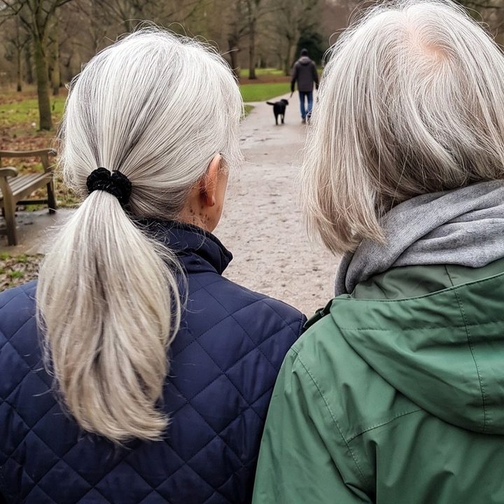 Two women the same age walking, one with thick hair